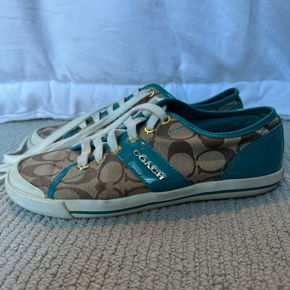 Coach Teal and Tan Logo Canvas Sneakers